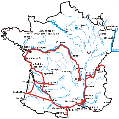 Frankreichkarte mit eingezeichneten Radtouren